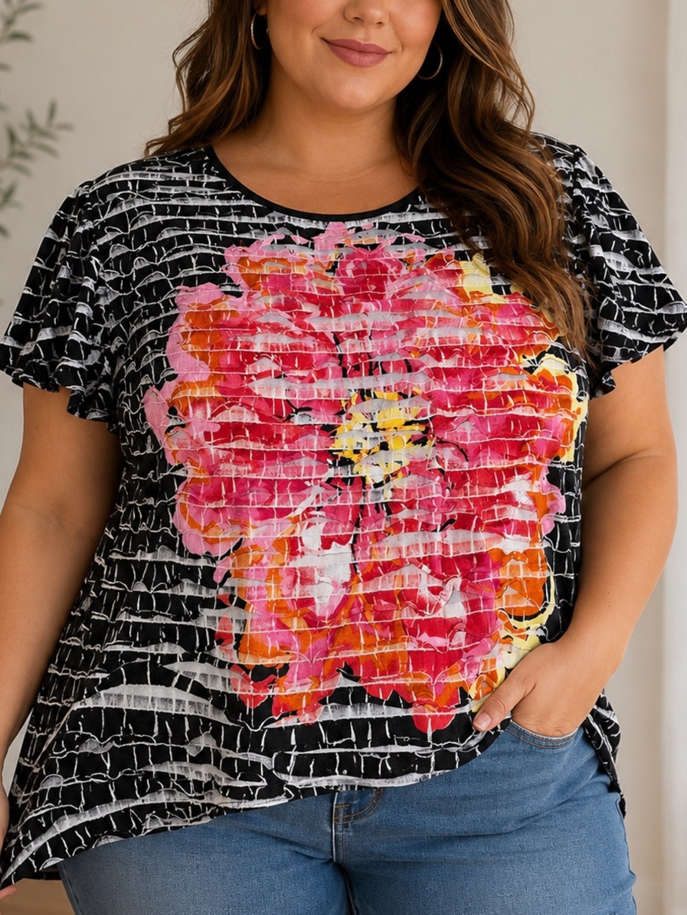 Essentials Black Short Sleeve Tee with Pink & Orange Floral Graphic size 1X